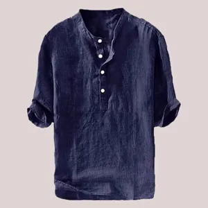 Men's Casual Linen Shirt Summer Short Sleeve Loose Pullover Smart Casual Solid Color Stand Collar Cotton Linen Top Henley Shirt