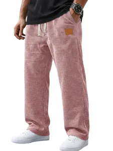 Men waffle knit casual trousers with straight leg and drawstring waist details