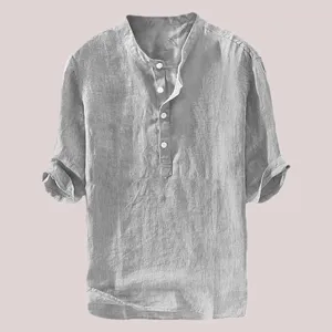 Men's casual linen short sleeve henley shirt summer loose pullover breathable top grey