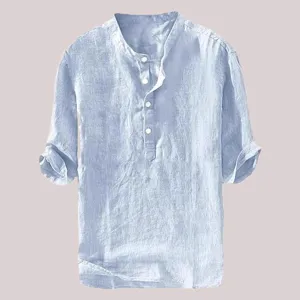 Men's casual linen short sleeve shirt summer loose pullover mandarin collar light blue top