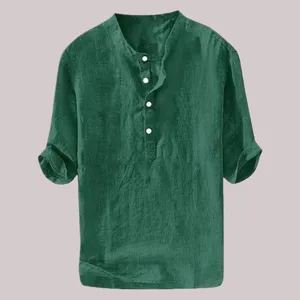 Men's summer short sleeve loose linen casual shirt, comfortable pullover design for daily wear.