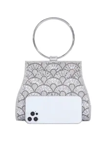 Silberne Strass Abendtasche mit rundem Metallgriff glänzende Party Clutch Handtasche