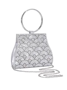 Silberne Strass Abendtasche mit rundem Metallgriff und Kette für Partys und feierliche Anlässe.