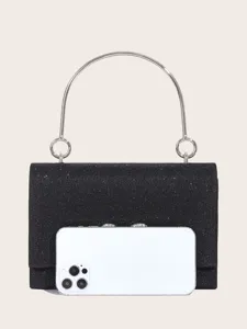 Elegante schwarze Glitzer Abendtasche mit einem schicken silberfarbenen Metallring Griff.