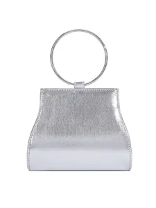 Silberne metallische Abendtasche mit rundem Metallringgriff, schicke Partyhandtasche Damen.
