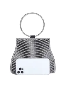 Schwarze Strass Abendhandtasche mit Metallringgriff, glamouröse Party Clutch Tasche für Damen