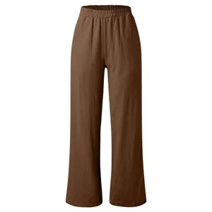 Brown cotton linen wide leg casual pants for women, comfortable high waist summer design.