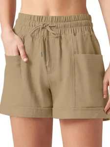 Women's Casual Cotton Linen Cargo Shorts Elastic Waist Drawstring Pockets Breathable Loose Fit Running Fitness Shorts Streetwear