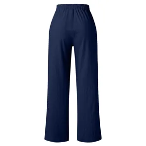 Solid color casual wide leg pants, breathable cotton linen fabric, comfortable elastic waist.