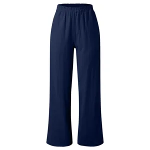 Close-up detail of solid dark blue wide-leg casual pants fabric texture and elastic waist.