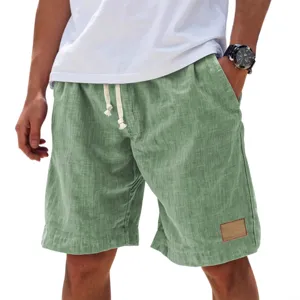 Men's casual cotton linen blend shorts with adjustable drawstring waist and stylish pocket patch.