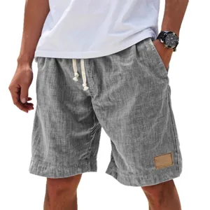 Men casual summer linen feel drawstring shorts five point shorts with pockets main view display