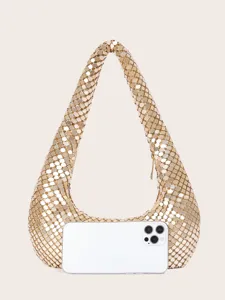 Goldene metallische Mesh-Hobo-Umhängetasche, glitzernde Abendparty-Handtasche für Damen.