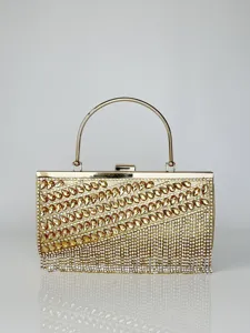 Trendige Polyester Strass Abendtasche Für Damen Elegante Luxus Bankett Party Handtasche Metallischer Runder Griff Umhängetasche Quaste Quadratische Clutch