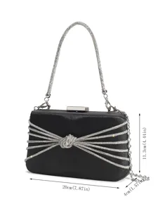 Elegante schwarze Kristall Schleife Abendtasche mit Strass Kettenriemen für Feiern.