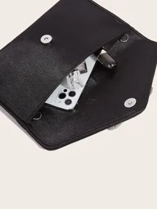 Schwarze Glitzer Abend Umschlag Clutch Tasche mit Strass und Handy Kapazitaet Detail.