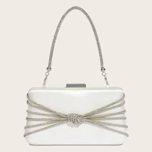 Elegante Damen Abendtasche mit Strass und Schleife, Kette, luxuriöse Clutch Tasche