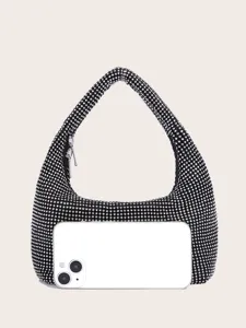Schimmernde Strass-Achselabendtasche, schwarze Pailletten-Schultertasche mit praktischem Reißverschluss.