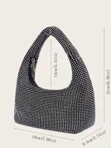 Schwarze Strass Unterarm Abendtasche Detailansicht mit genauen Maßen und funkelndem Kristalldesign.