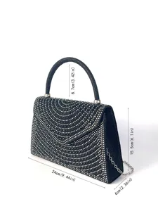Schwarze Strass-Abendtasche mit Kettengriemen, elegante Umschlag-Handtasche für Damen.