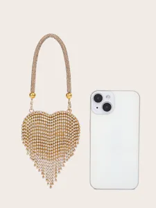 Glitzernde Strass Herz Abendtasche mit Handy als Grössenvergleich, elegante Partytasche.