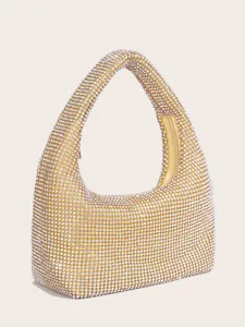 Detailansicht der luxuriösen goldenen Strass Hobo Abendtasche, funkelnde Kristallhandtasche.