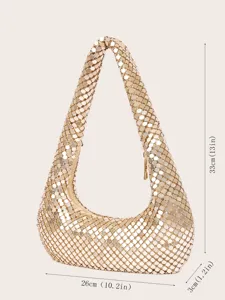 Goldene Schultertasche aus Metallnetz, elegante Abendtasche für Partys mit Reißverschluss.