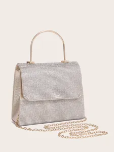 Glänzende Strass Abendtasche mit Metallgriff und Kette für Partys, Hochzeiten und Feste.