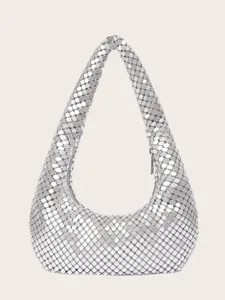 Silberne metallische Pailletten Damen Hobo Tasche, elegante glitzernde Party Schultertasche.
