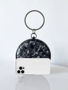 Runde Abendtasche mit Strass-Ringgriff und Perlmutteffekt für Damen Party und elegante Anlässe.