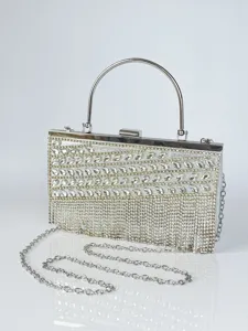 Elegante silberne Strass Abendtasche Clutch mit Metallgriff und Kette für Damen Party und Hochzeit.