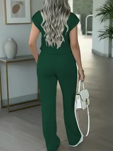 Women Casual Two Piece Set Short Sleeve Top And Straight Pants Solid Color Back Detail