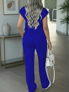 Women casual suit solid short sleeve straight pants detail view showing elegant drape style.