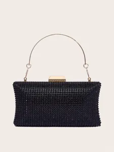Schwarze Strass Abendtasche mit edlem geschwungenen goldenem Metallgriff und sicherem Verschluss.