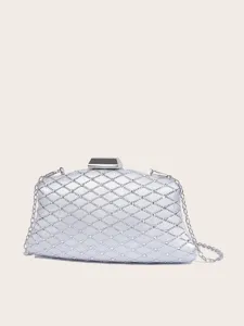 Silberne Abend-Clutch Tasche mit Strasssteinen, Metallverschluss und Kette Detail