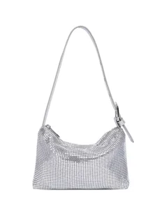 Silberne metallic Netz Schultertasche für Damen, stilvolle Party Handtasche mit Riemen.