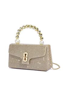 Goldene Strass Abendtasche mit Perlen Griff und Metallkette für luxuriöse Partys und Feiern.
