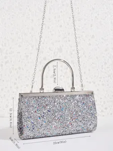 Details der glitzernden Pailletten-Abendtasche mit Metallgriff und Kette, Ansicht der Maße.