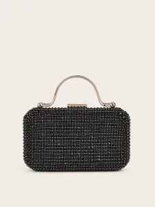 Elegante schwarze Strass-Abendtasche mit Metallgriff für elegante Abendveranstaltungen.