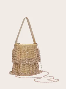 Goldene Strass geschichtete Beuteltasche für Damen, elegante Abendparty Handtasche mit Kette.