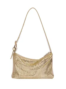 Goldene metallische Mesh Schultertasche für Damen, elegante Abendtasche mit verstellbarem Riemen.