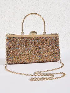 Glitzernde Abendtasche mit goldenem Griff und Kettengurt für elegante Damen Kleider.