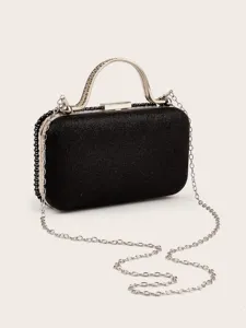 Elegante schwarze Glitzer-Abendtasche mit silbernem Metallgriff und Kette für Partys.