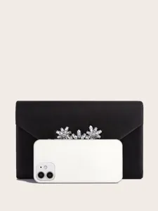 Schwarze Satin Abendtasche Clutch mit funkelnden Kristallblumen fur Partys und Hochzeiten.