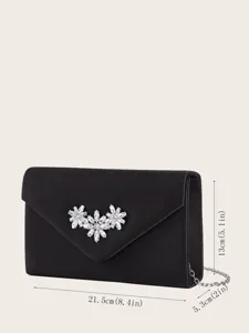 Schwarze Abendtasche Detailansicht mit Maßen 21,5cm und funkelndem Kristallblumen-Dekor.