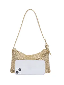 Goldfarbene metallische Mesh-Umhängetasche mit verstellbarem Riemen, stilvolle Abendtasche.