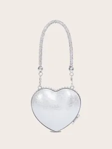 Silberne Herz-Abendtasche mit Strassgriff und metallischem Clutch-Design für elegante Partys.