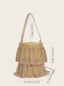 Goldene Strass-Eimer-Tasche Detail, glitzernde Abendparty-Handtasche mit mehrstufigen Fransen.