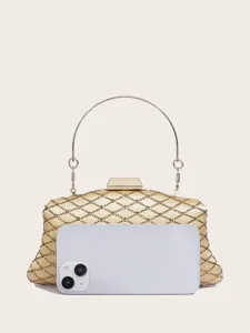 Goldene Abendtasche mit Strass und Metallring-Griff, elegante Party-Hochzeitstasche Clutch.