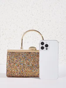 Glitzernde Abend-Clutch Tasche mit goldenem Metallgriff und Rahmen für elegante Partys.